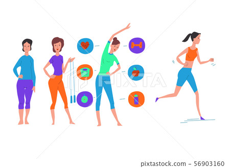 Set of women doing sports, jogging, jumping, exercises. Sport women vector illustration isolated. Set of women doing sports, jogging, jumping, exercises. Sport women vector illustration isolated. 56903160