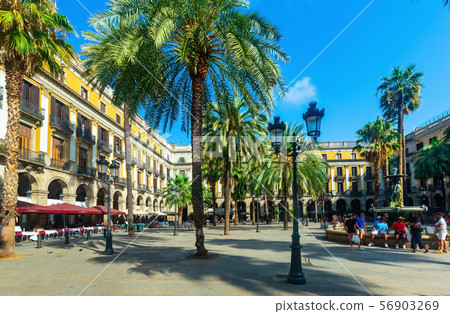 Fountain of Placa Reial (Royal Square) at daytime in Barcelona. Spain 56903269