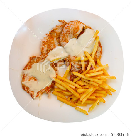 Top view of pork tenderloins with fried potatoes Top view of pork tenderloins with fried potatoes 56903536