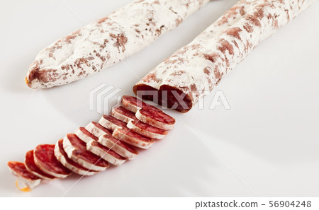 Sliced Catalan dry cured sausage Fuet Sliced Catalan dry cured sausage Fuet 56904248