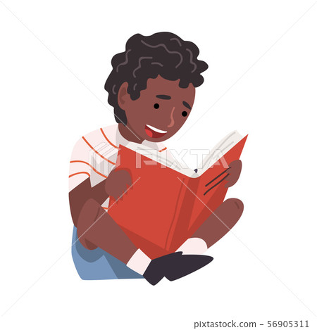 Cute African American Boy Sitting on Floor and Reading Book Vector Illustration Cute African American Boy Sitting on Floor and Reading Book Vector Illustration 56905311