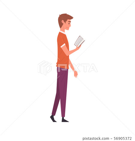 Young Man in Casual Clothes Standing and Reading Book Vector Illustration 56905372