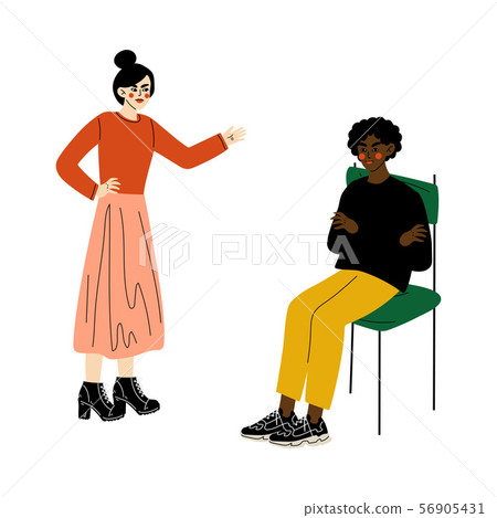 Furious Girl Quarreling with Young Man Who Sitting on Chair, Disagreement in Relationship, Negative 56905431
