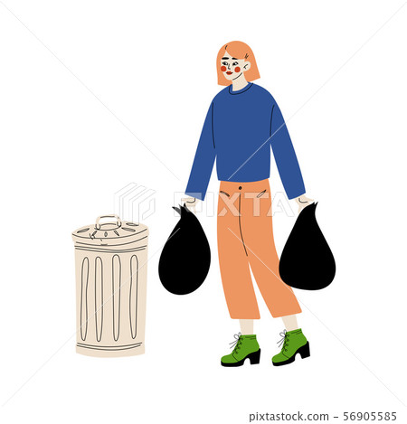 Young Woman Holding Trash Sack of Household Waste Near Garbage Container, Girl Throwing Plastic Bag Young Woman Holding Trash Sack of Household Waste Near Garbage Container, Girl Throwing Plastic Bag 56905585