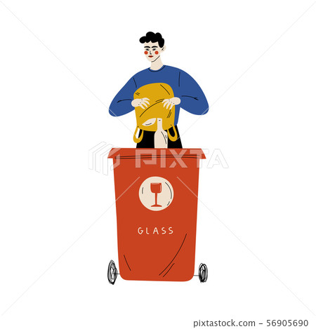 Young Man Throwing Glass Waste into Garbage Container, Guy Sorting Waste for Further Processing 56905690