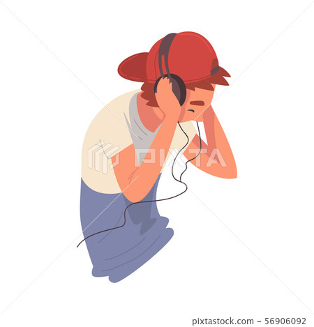 Guy Wearing Headhones Listening to Music and Dancing, Boy Using Smartphone or Audio Player Vector 56906092