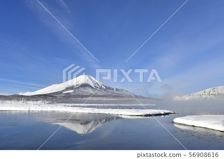 在顛倒的富士和朦朧的Yamanakako的雪岸 在顛倒的富士和朦朧的Yamanakako的雪岸 56908616