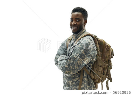 Positivity American ranker with backpack with crossed hands. Positivity American ranker with backpack with crossed hands. 56910936