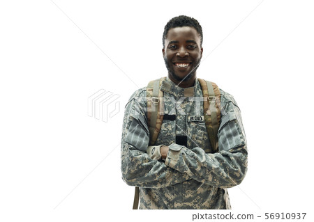 Front view of happy African male ranker smiling at camera. Front view of happy African male ranker smiling at camera. 56910937