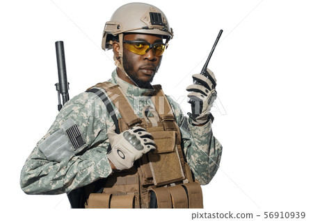 American soldier using radio installation for communication. American soldier using radio installation for communication. 56910939