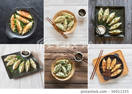 Collage with meat Asian dumplings in bowl.  56911355