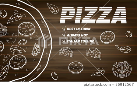 Pizza food menu for restaurant and cafe. Design in doodle lineart style template flyer baner with 56912567