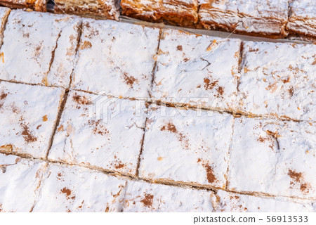 Set of portions of creamy layer cake napoleon on a Set of portions of creamy layer cake napoleon on a 56913533