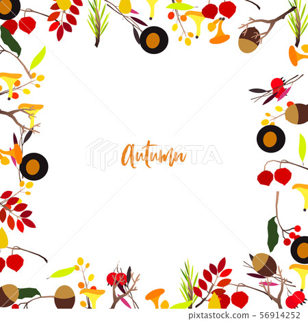 Autumn vector frame with berries, acorns, pine cone, mushrooms, branches and leaves. Autumn vector frame with berries, acorns, pine cone, mushrooms, branches and leaves. 56914252