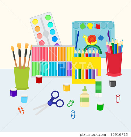Colorful stationery set vector illustration. Coloring pencils, pens, scissors and paints with Colorful stationery set vector illustration. Coloring pencils, pens, scissors and paints with 56916715