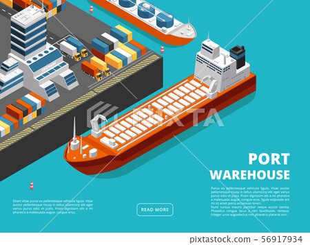Sea transportation horizontal sea freight and shipping background with isometric seaport 56917934