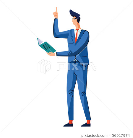 Man holds book and makes gesture index finger up Man holds book and makes gesture index finger up 56917974