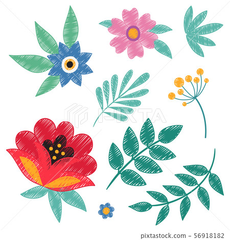 Hand embroidery ethnic floral elements isolated on white background Hand embroidery ethnic floral elements isolated on white background 56918182