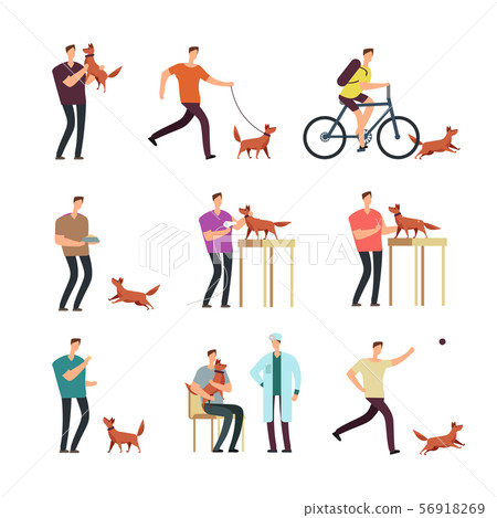 Happy man with dog in daily routine. People and cute lovely pets cartoon vector characters isolated Happy man with dog in daily routine. People and cute lovely pets cartoon vector characters isolated 56918269