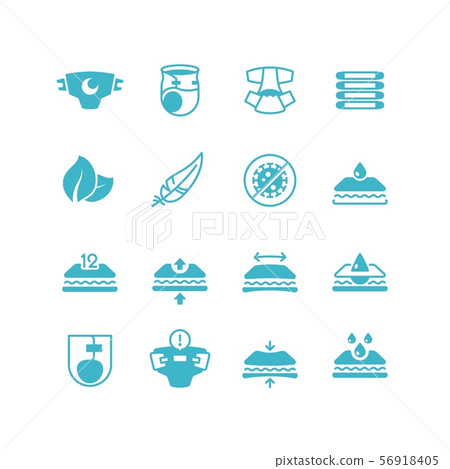 Baby diaper production characteristics icons. Soft, dry, stretch, breathable nappy with absorber 56918405