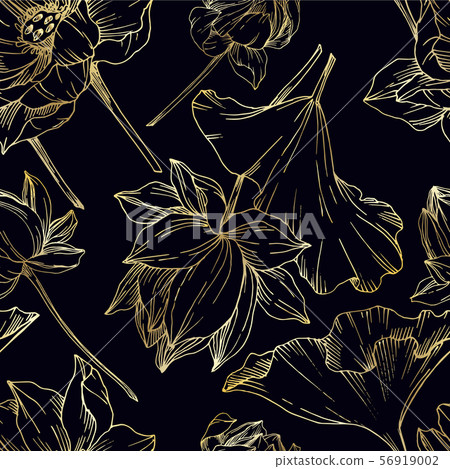 Vector Lotus floral botanical flowers. Black and white engraved ink art. Seamless background pattern 56919002