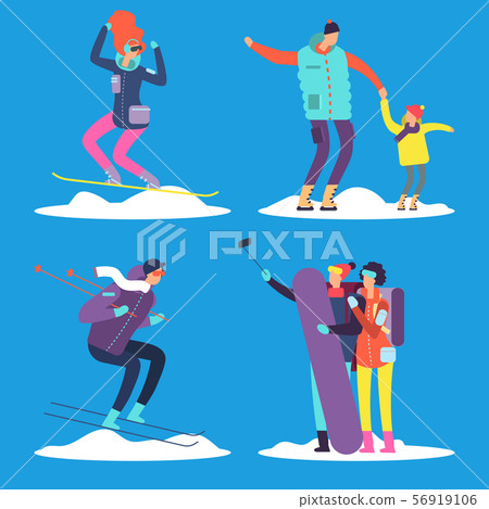People, adult and kids snowboarding and skiing outdoor. Vector illustration 56919106