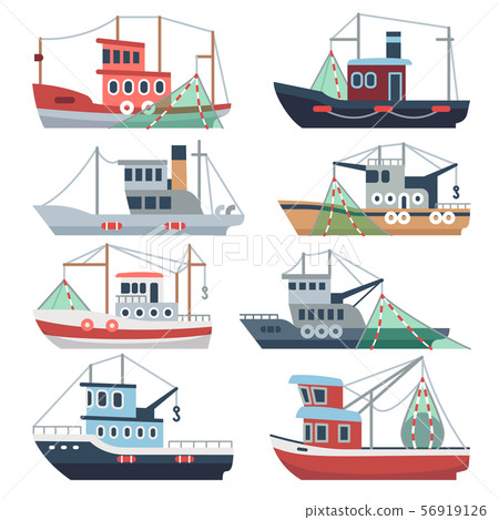 Fishing ocean boats. Commercial trawlers, fisherman ships sea and river vessels isolated vector set 56919126