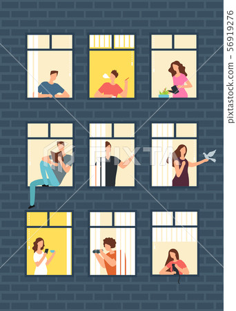 Neighbors cartoon people in apartment house windows. Neighborhood vector concept 56919276