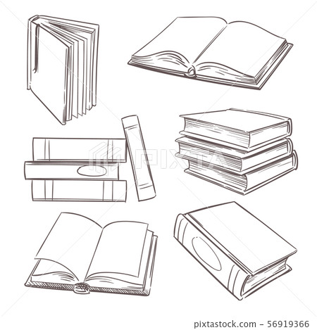 Hand drawn books, paper magazine and school textbooks. Sketch book piles. Doodle bookshop and 56919366