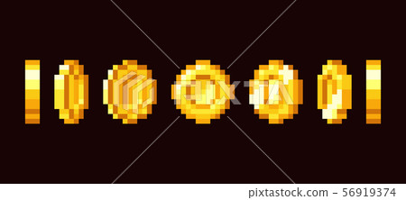 Gold coin animation frames for 16 bit retro video game. Pixel art vector set 56919374