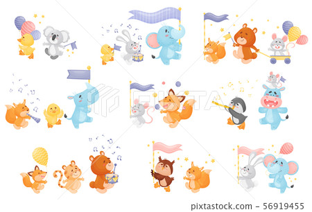 Set of different cartoon animals with musical instruments at the parade. Vector illustration on a 56919455