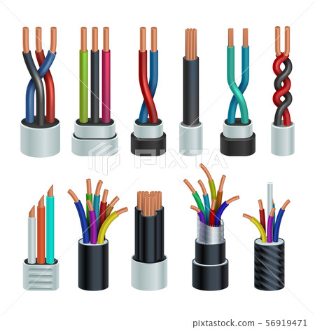 Realistic electric industrial cables, electrical copper wires vector set isolated Realistic electric industrial cables, electrical copper wires vector set isolated 56919471