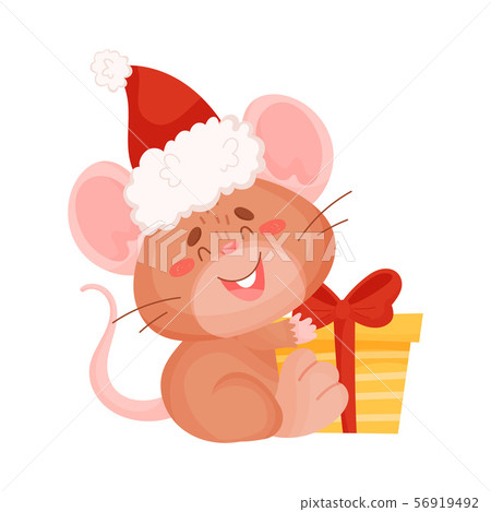 Cute brown mouse with a gift. Vector illustration on a white background. Cute brown mouse with a gift. Vector illustration on a white background. 56919492