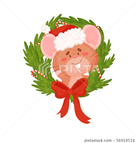 Cute brown mouse and christmas wreath. Vector illustration on a white background. Cute brown mouse and christmas wreath. Vector illustration on a white background. 56919518