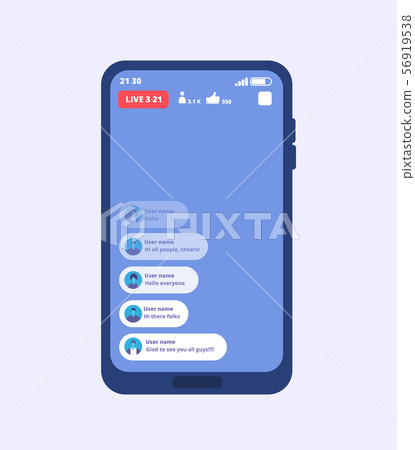 Smartphone live video stream. Streaming videos on cellphone with ui inspired by facebook. Vector 56919538