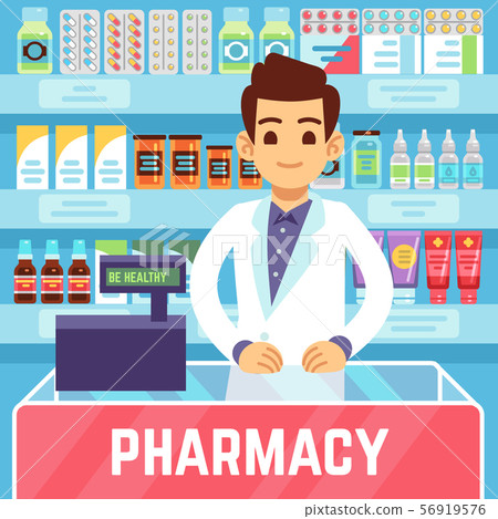 Happy young man pharmacist sells medications in pharmacy or drugstore. Pharmacology and healthcare 56919576