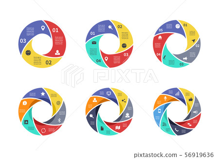 Circle graph, pie strategy diagrams, circular arrows charts with options, parts, steps, process 56919636