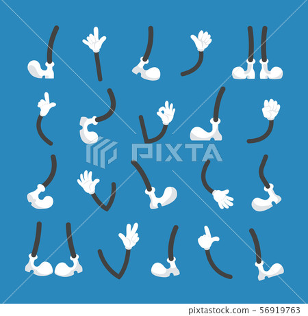 Hands in white gloves and legs in different poses. Cartoon character body vector parts 56919763