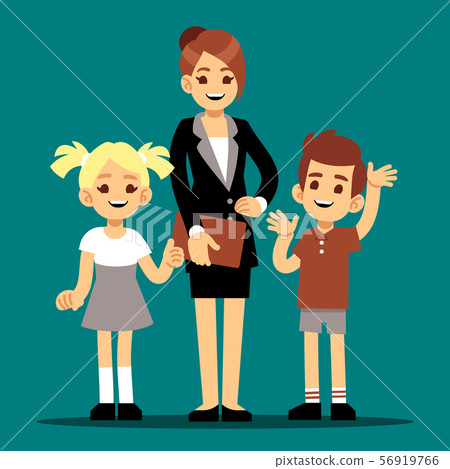 Cartoon boy and girl with their first teacher. Back to school vector illustration 56919766