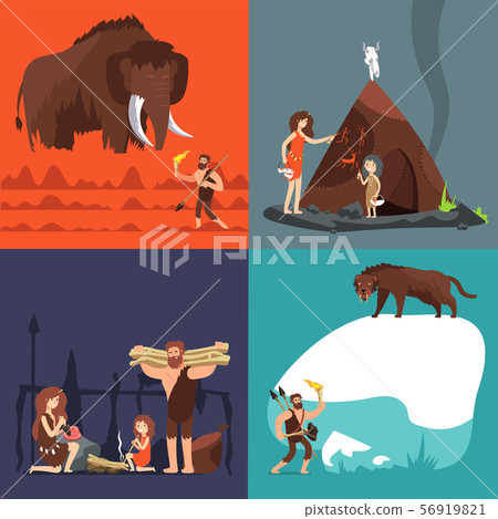 Stone age concepts. Prehistoric ancient human and tools. Primitive man in cave vector cartoon set 56919821