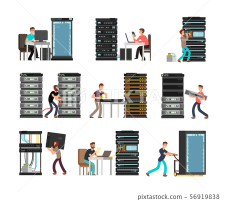 Man engineer, technician working in server room. Digital computer center support, data storage 56919838