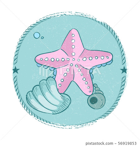 Hand drawn starfish and seashell grunge emblem 56919853