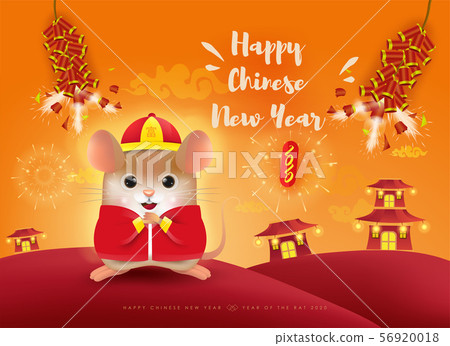 Happy New Year 2020. Chinese New Year. The year of the rat. Cute cartoon and firecrackers. Happy New Year 2020. Chinese New Year. The year of the rat. Cute cartoon and firecrackers. 56920018