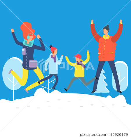 Cartoon characters in winter clothes. Happy family jumping in snowdrift 56920179