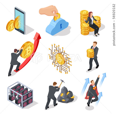 Ico and blockchain isometric icons. Bitcoin mining and cryptocurrency exchange. Vector 3d isolated Ico and blockchain isometric icons. Bitcoin mining and cryptocurrency exchange. Vector 3d isolated 56920182