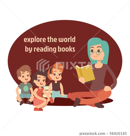 Young teacher and happy kids reading book Young teacher and happy kids reading book 56920185