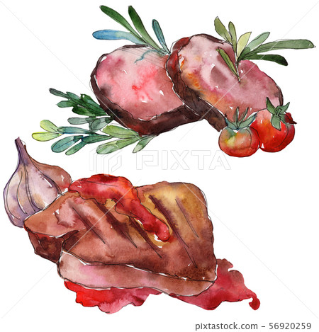 Grilled steak tasty food in a watercolor style set. Aquarelle food illustration for background 56920259