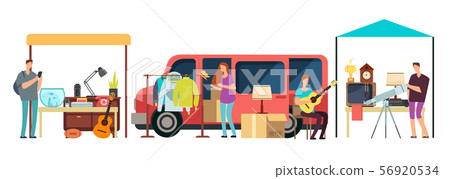 People selling, shopping second hand clothes, vintage goods in mini tracks at flea market. Bazaar People selling, shopping second hand clothes, vintage goods in mini tracks at flea market. Bazaar 56920534