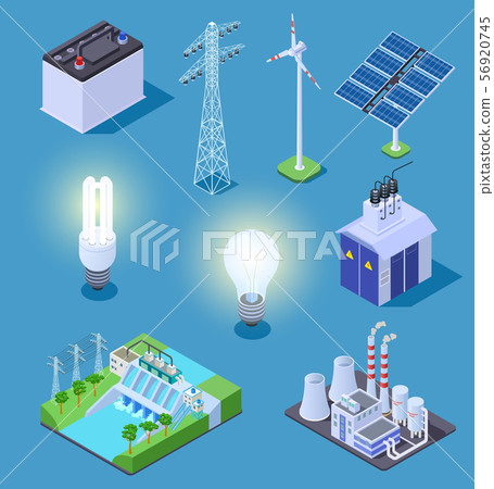 Electric power isometric icons. Energy generator, solar panels and thermal power plant, hydropower 56920745