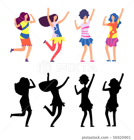 Happy women in bright clothes. Hippie female cartoon character 56920901